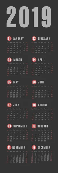 Bolsillo Vectorial 2019 Calendario Del Año Semana Comienza Domingo Eps — Vector de stock