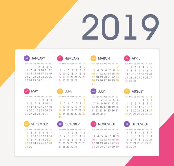 Calendario 2019 Año Semana Comienza Domingo Eps — Archivo Imágenes Vectoriales