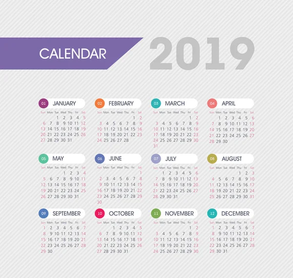 Calendario 2019 Año Semana Comienza Domingo Eps — Vector de stock