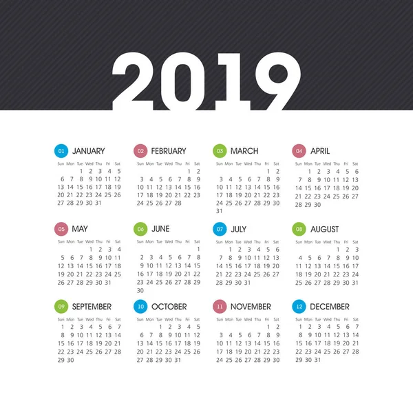 Calendario 2019 Año Semana Comienza Domingo Eps — Vector de stock