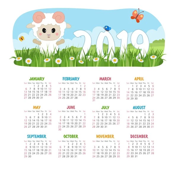 Календарь 2019 Года Овцами Неделя Начинается Воскресенья Eps — стоковый вектор