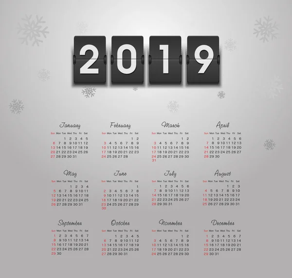 Calendrier 2019 Année Semaine Commence Partir Dimanche Eps — Image vectorielle