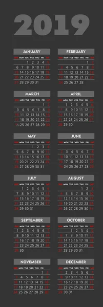 Bolsillo Vectorial 2019 Calendario Del Año Semana Comienza Domingo Eps — Vector de stock