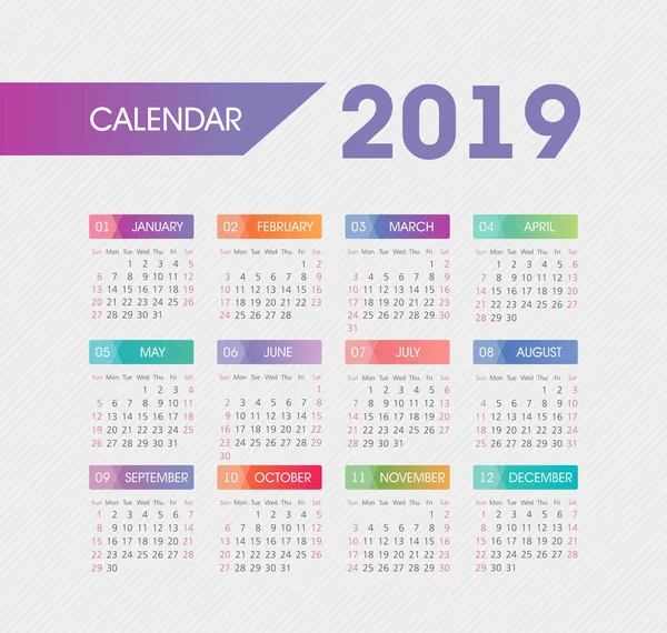 Calendar 2019 Year Week Starts Sunday Eps — Stock Vector