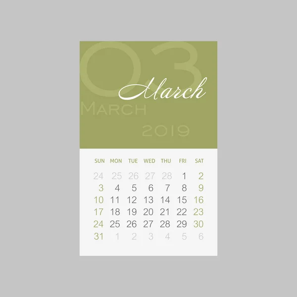 Calendario 2019 Mesi Marzo Settimana Partire Domenica Eps — Vettoriale Stock