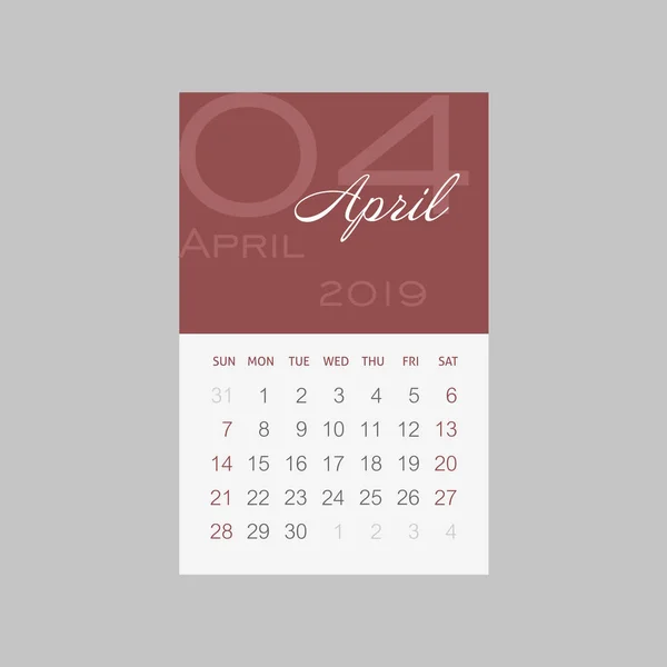 Calendario 2019 Meses Abril Semana Comienza Domingo Eps — Vector de stock