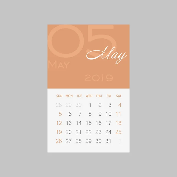 Calendario 2019 Meses Mayo Semana Comienza Domingo Eps — Vector de stock