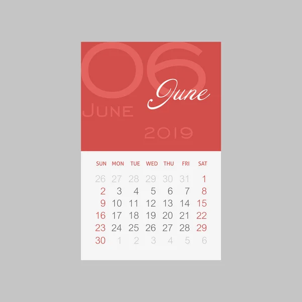 Calendar 2019 Months June Week Starts Sunday Eps — Stock Vector