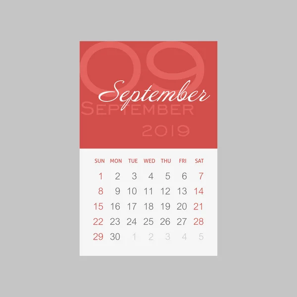 Calendario 2019 Meses Septiembre Semana Comienza Domingo Eps — Vector de stock