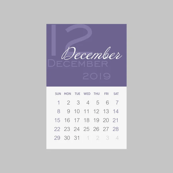 Calendrier 2019 Mois Décembre Semaine Commence Partir Dimanche Eps — Image vectorielle