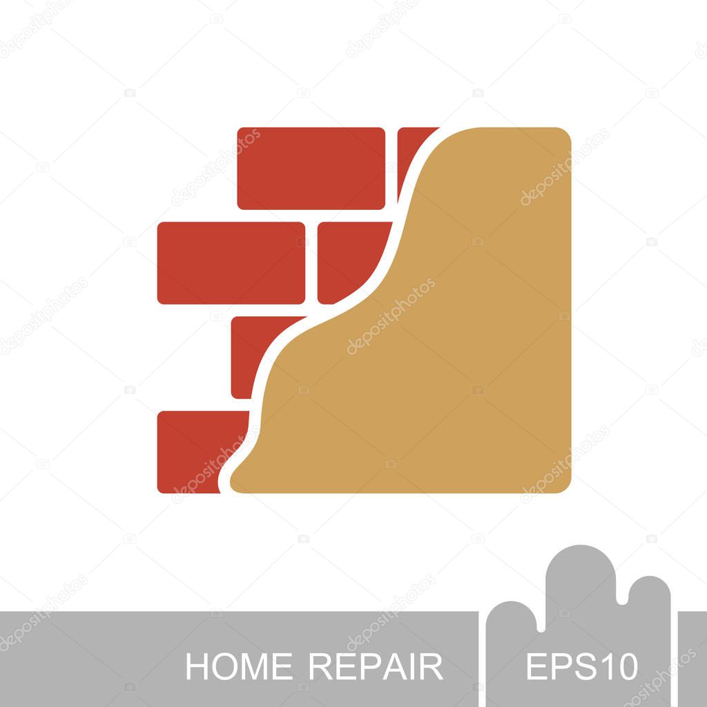 Brick wall with plaster or plastering icon. Construction, repair and finishing works, vector design and illustration