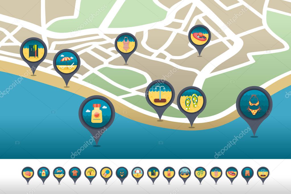 Beach pin map icon located on the map. Vacation