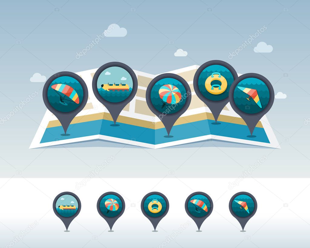 Summer pin map icon located on map. Vacation