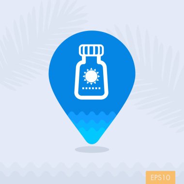 Güneş kremi pin harita simgesi. Yaz. Tatil