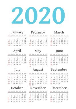 Vektör takvimi 2020 yıl. Hafta Pazar başlıyor