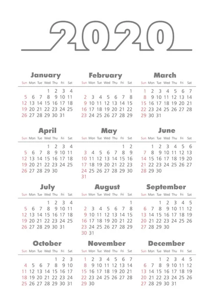 Calendario vectorial 2020 año. La semana comienza el domingo — Vector de stock