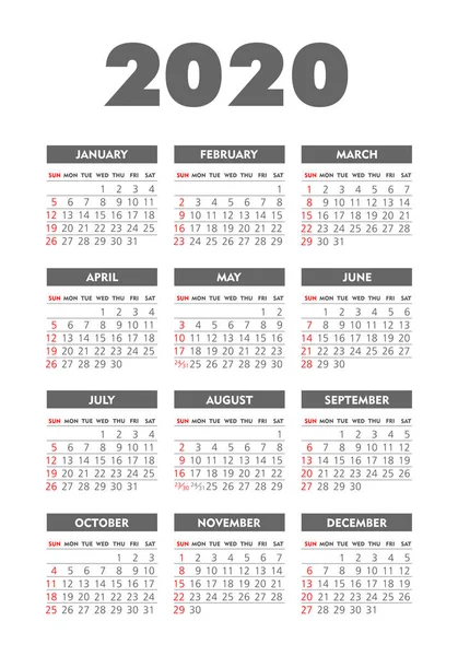 Calendario vectorial 2020 año. La semana comienza el domingo — Vector de stock