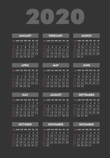 Calendario vectorial 2020 año. La semana comienza el domingo — Vector de stock