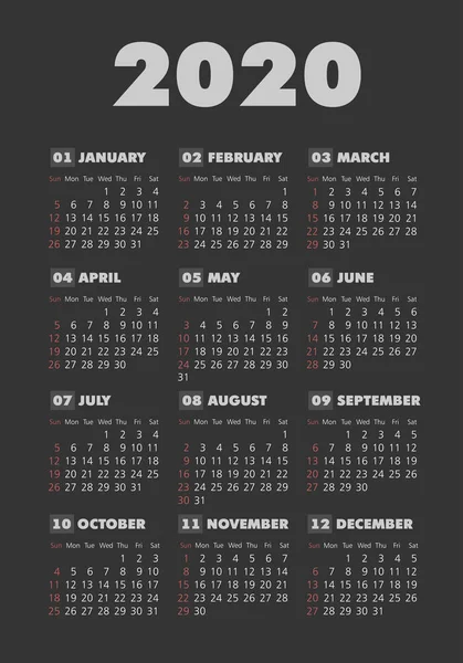 Векторный календарь 2020 год. Неделя начинается в воскресенье — стоковый вектор