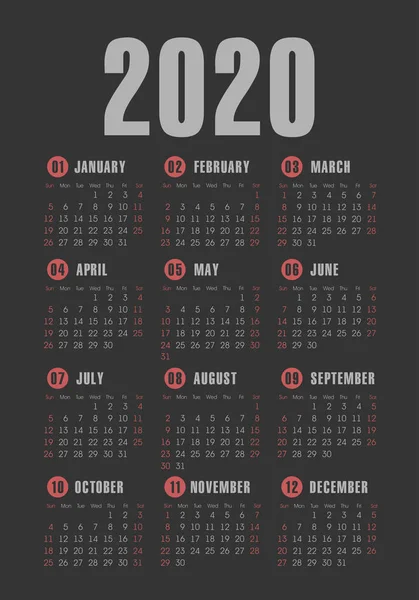 Calendario vectorial 2020 año. La semana comienza el domingo — Vector de stock