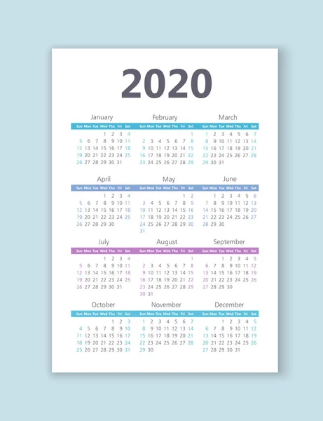 Vektorkalender 2020 Jahr. Woche beginnt am Sonntag — Stockvektor