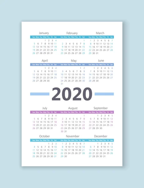 Calendrier vectoriel 2020 année. Semaine commence à partir de dimanche — Image vectorielle