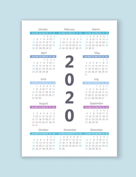 Vektornaptár 2020 év. A hét vasárnaptól kezdődik — Stock Vector
