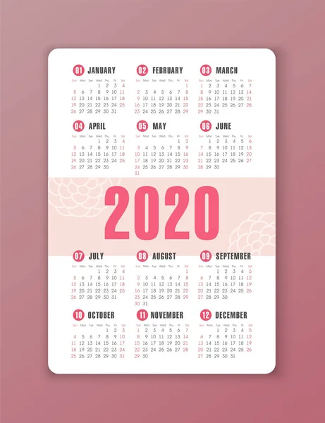 Calendrier vectoriel 2020 année. Semaine commence à partir de dimanche — Image vectorielle