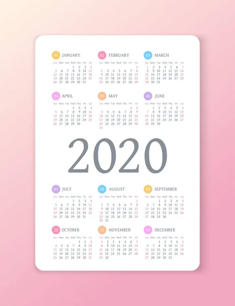 Vektorkalender 2020 Jahr. Woche beginnt am Sonntag — Stockvektor