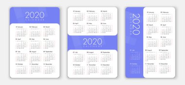 Vektör takvimi 2020 yıl. Hafta Pazar başlıyor