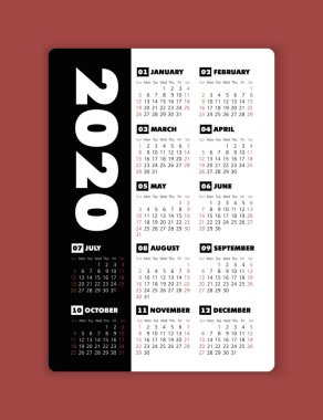 Vektör takvimi 2020 yıl. Hafta Pazar başlıyor