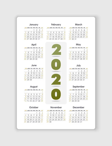 Calendrier vectoriel 2020 année. Semaine commence à partir de dimanche — Image vectorielle