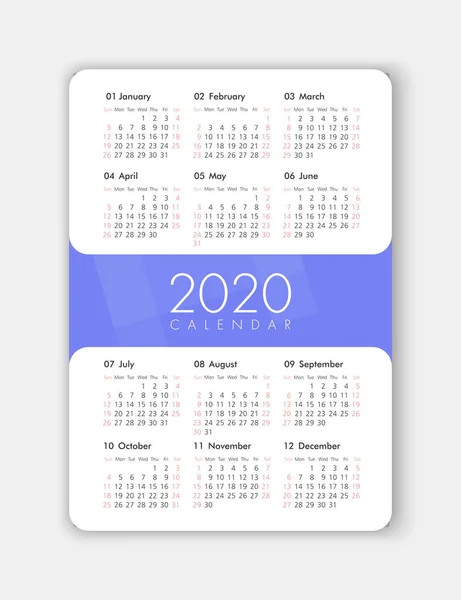 Calendrier vectoriel 2020 année. Semaine commence à partir de dimanche — Image vectorielle