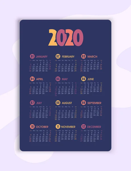 Vector calendar 2020 year. Week starts from Sunday — Stock Vector