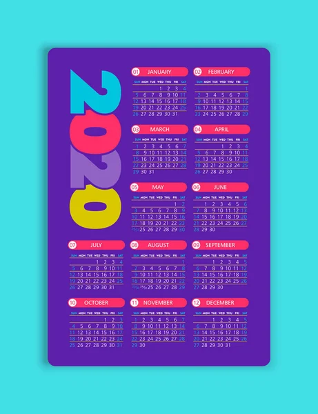 Vector calendário 2020 ano. Semana começa a partir de domingo — Vetor de Stock