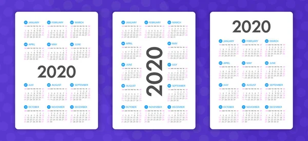 Vector calendar 2020 year. Week starts from Sunday — Stock Vector