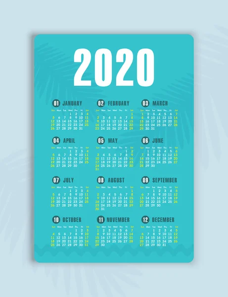 Vector calendário 2020 ano. Semana começa a partir de domingo — Vetor de Stock