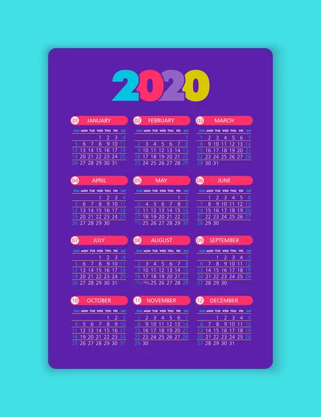 Векторний календар 2020 року. Тиждень починається з неділі — стоковий вектор