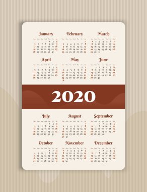 Vektör takvimi 2020 yıl. Hafta Pazar başlıyor