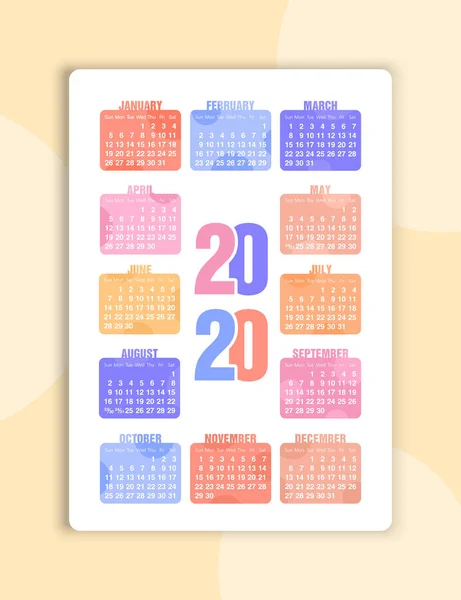 Vector calendário 2020 ano. Semana começa a partir de domingo — Vetor de Stock