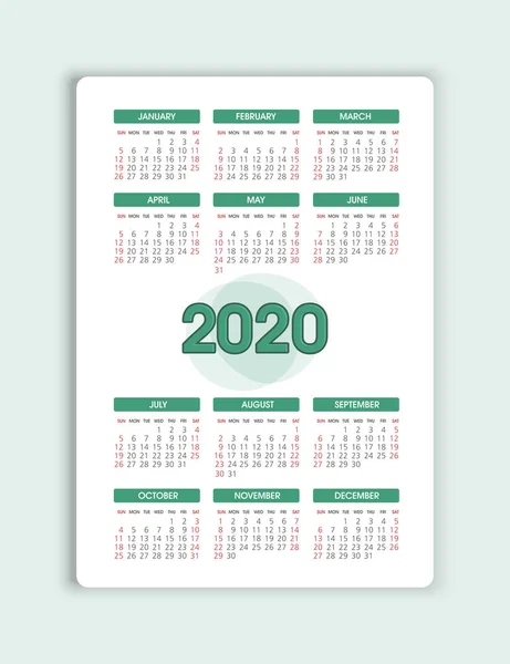 Calendario vectorial 2020 año. La semana comienza el domingo — Vector de stock