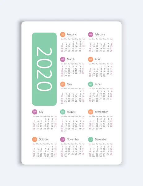 Vektorkalender 2020 Jahr. Woche beginnt am Sonntag — Stockvektor