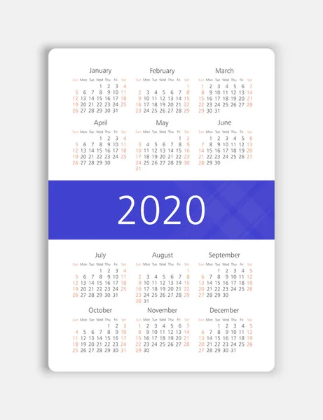 Calendrier vectoriel 2020 année. Semaine commence à partir de dimanche — Image vectorielle