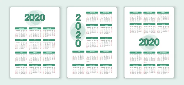 Vektor kalender 2020 år. Veckan startar från söndag — Stock vektor