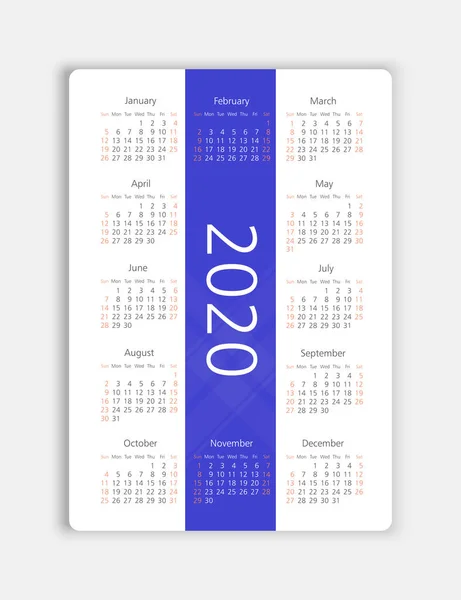 Vector calendário 2020 ano. Semana começa a partir de domingo — Vetor de Stock