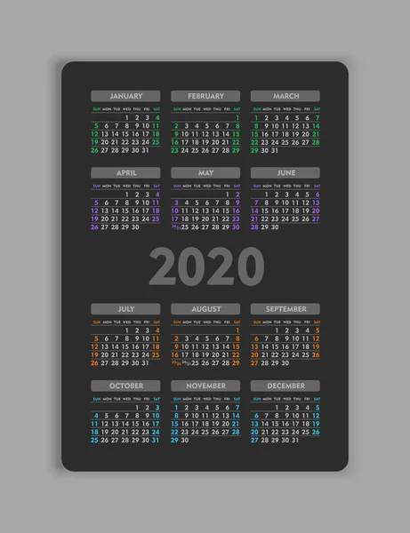 Vektor kalender 2020 år. Veckan startar från söndag — Stock vektor