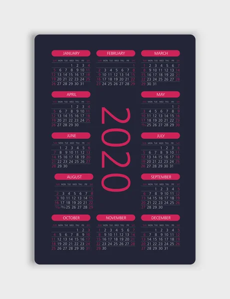 Vektorkalender 2020 Jahr. Woche beginnt am Sonntag — Stockvektor