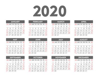 Vektör takvimi 2020 yıl. Hafta Pazar başlıyor