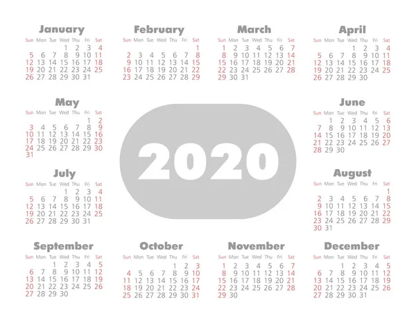 矢量日历 2020 年。周从星期日开始 — 图库矢量图片