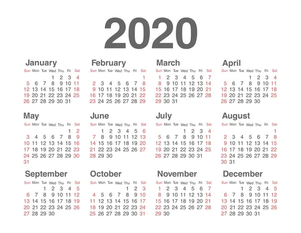 Vektornaptár 2020 év. A hét vasárnaptól kezdődik — Stock Vector